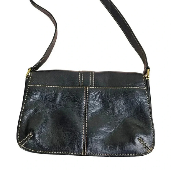 Fossil Handbag Black Leather Shoulder Bag Small Stitch Trim Brass‎ Accent - Picture 3 of 9